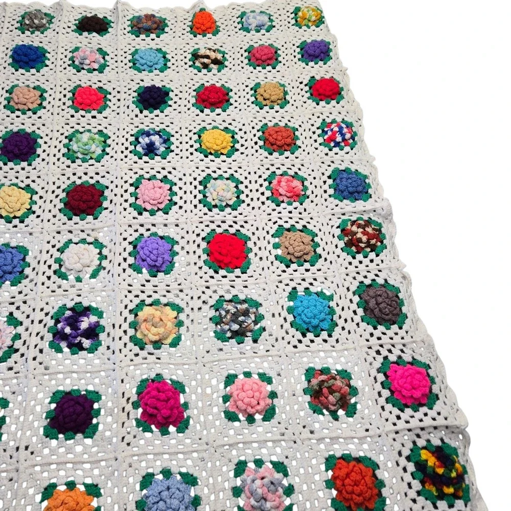 Vintage 3D Crochet Granny Square Blanket Floral White Handmade Afghan Throw